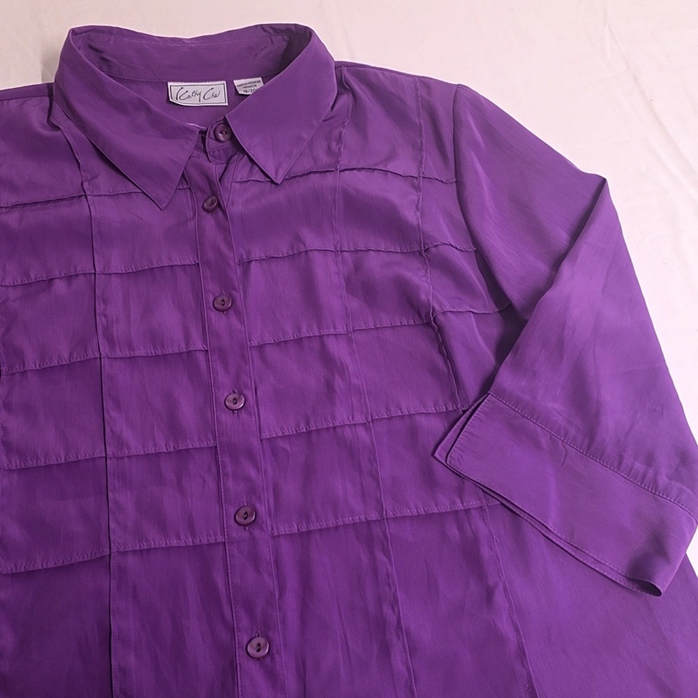 Vintage Kathy Che Blouse Women 18/20W Purple Pintuck 3/4 Sleeve Button Up Top
